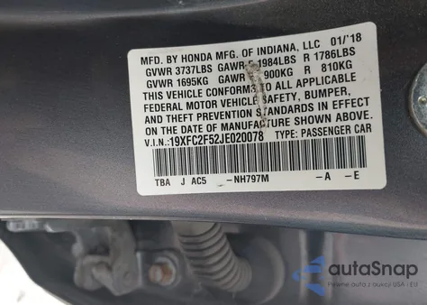 2018 Honda Civic Lx z USA, uszkodzony, nr VIN 19XFC2F52JE020078